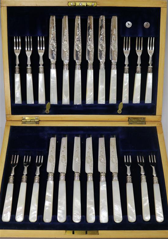 Three various boxes of dessert and fish knives and forks, all cased